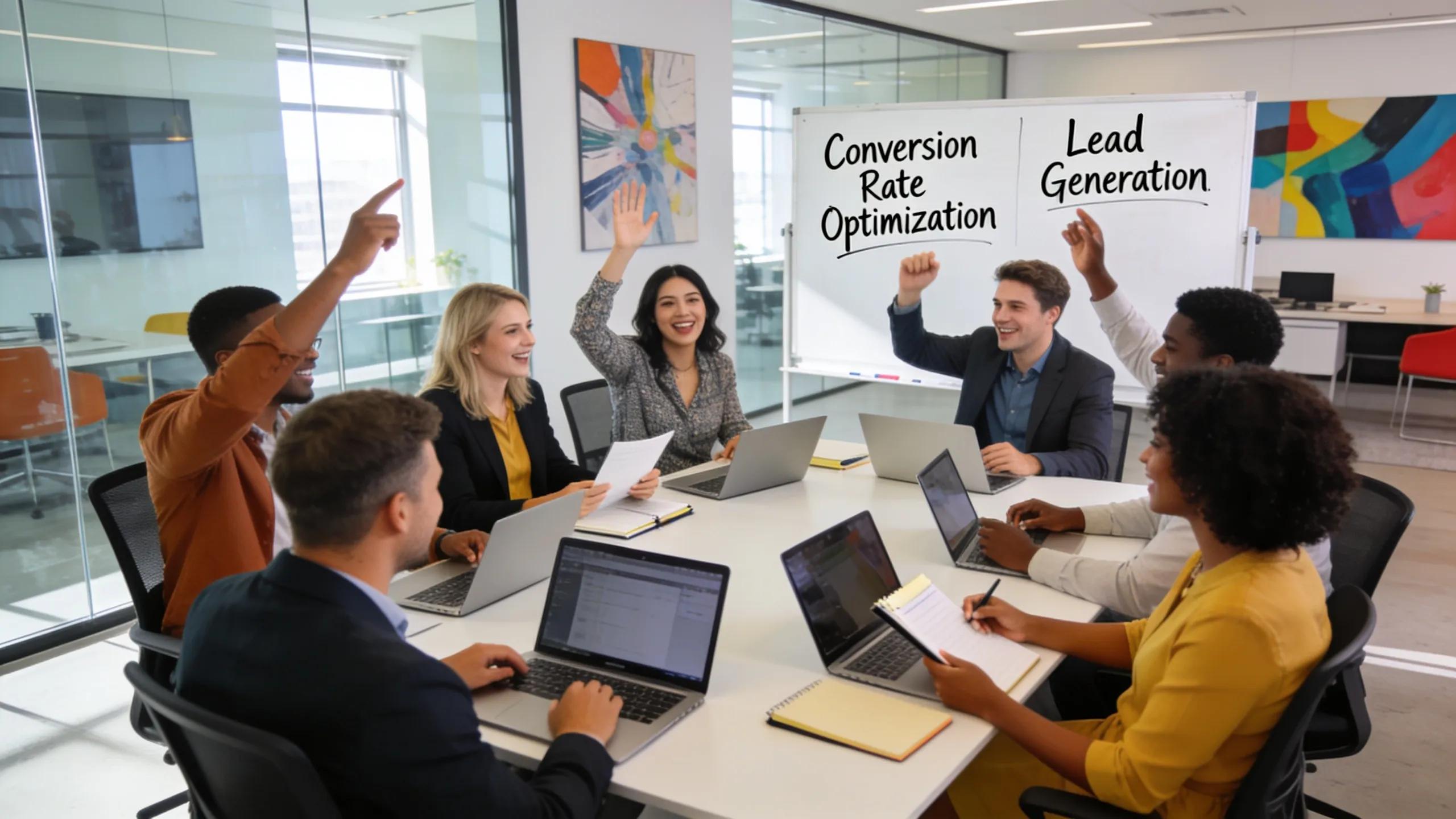 Business team collaborating on conversion rate optimization strategies in a modern office