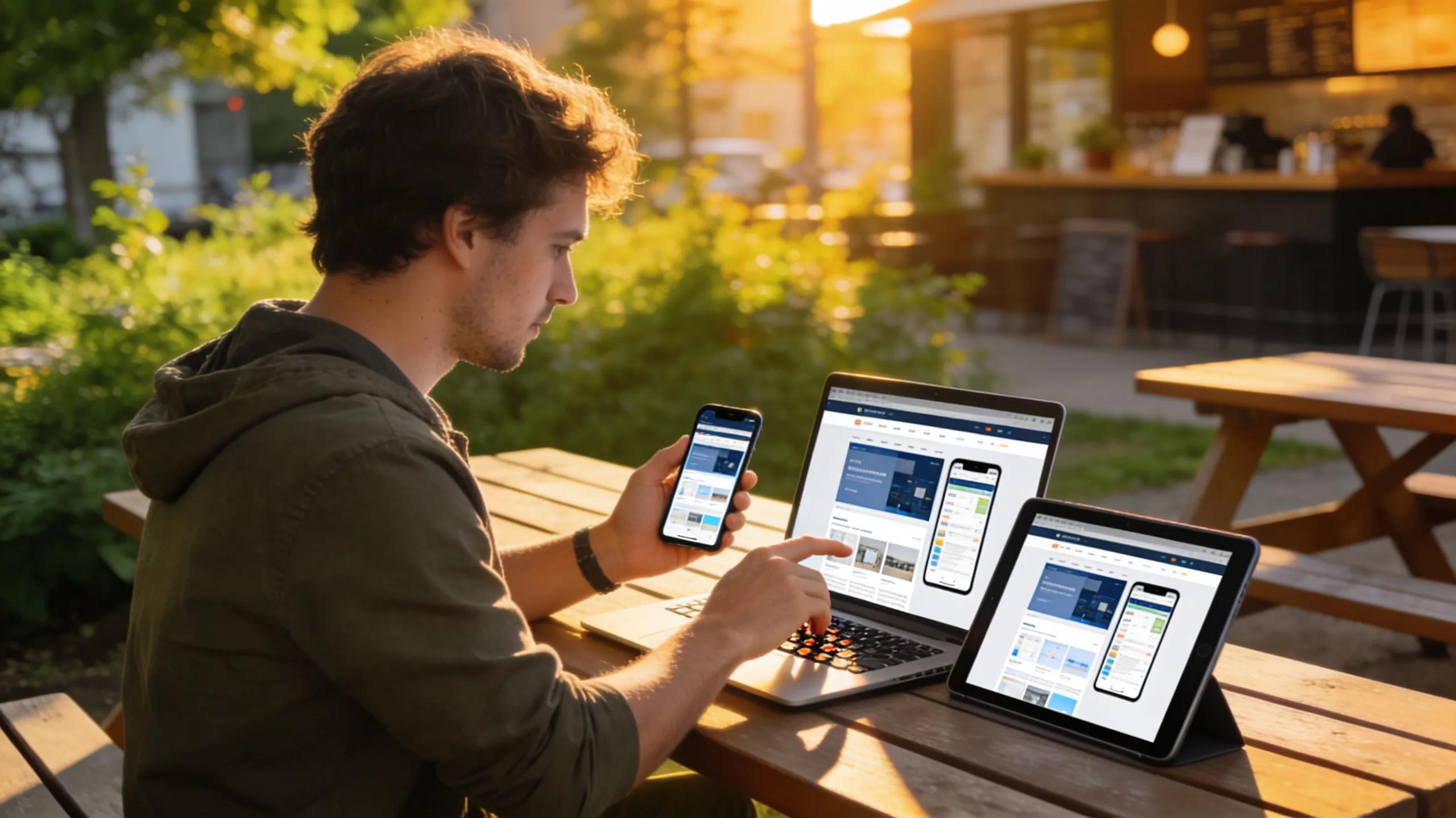 8290fc0c-7c17-4563-ae94-3cb0fafad660.webp Developer testing responsive website on multiple devices in an outdoor setting