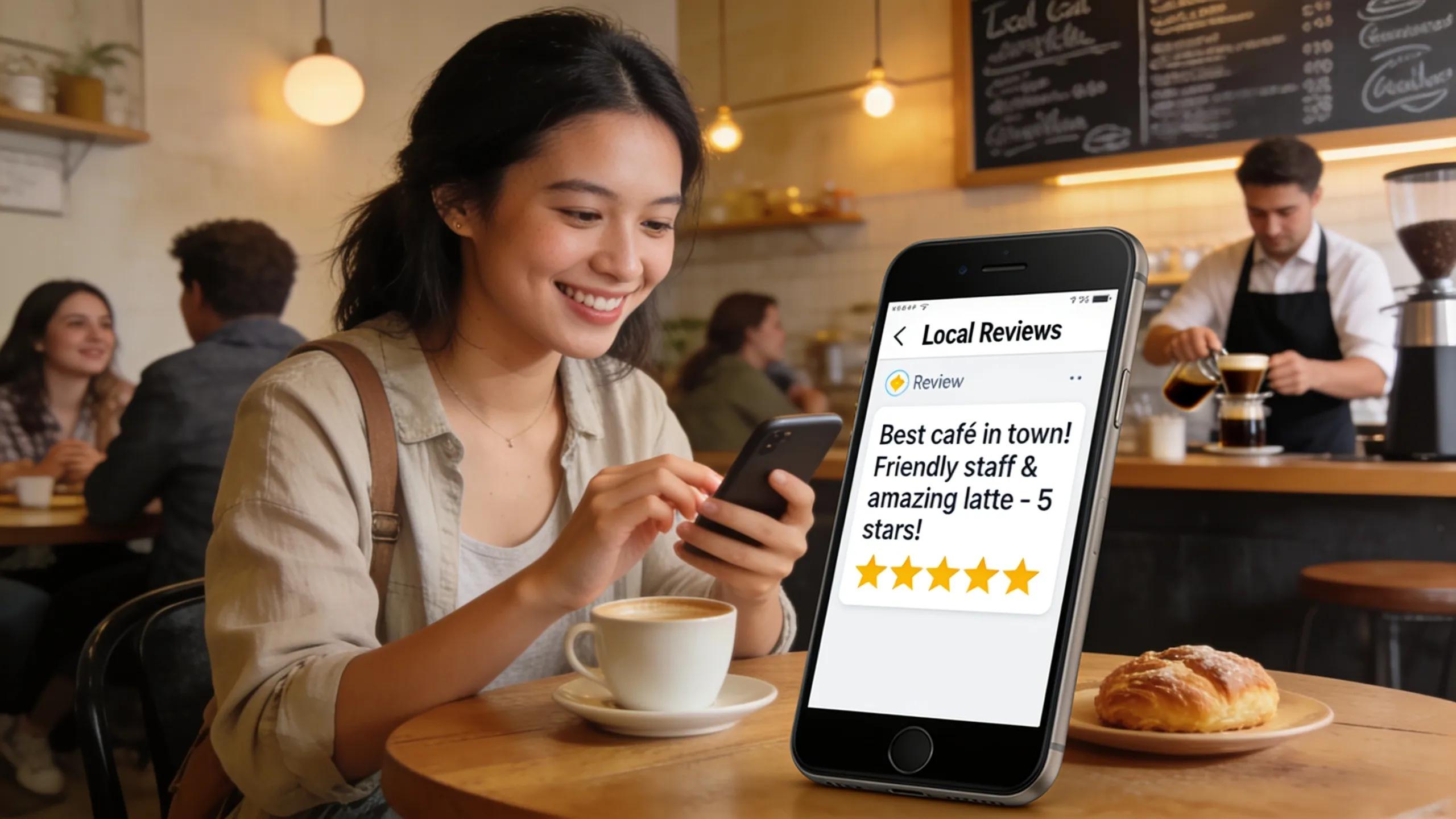 9261f7f0-8678-4332-97a9-00b8e8d60f2c.webp Customer leaving a positive review, emphasizing online reputation management for local businesses