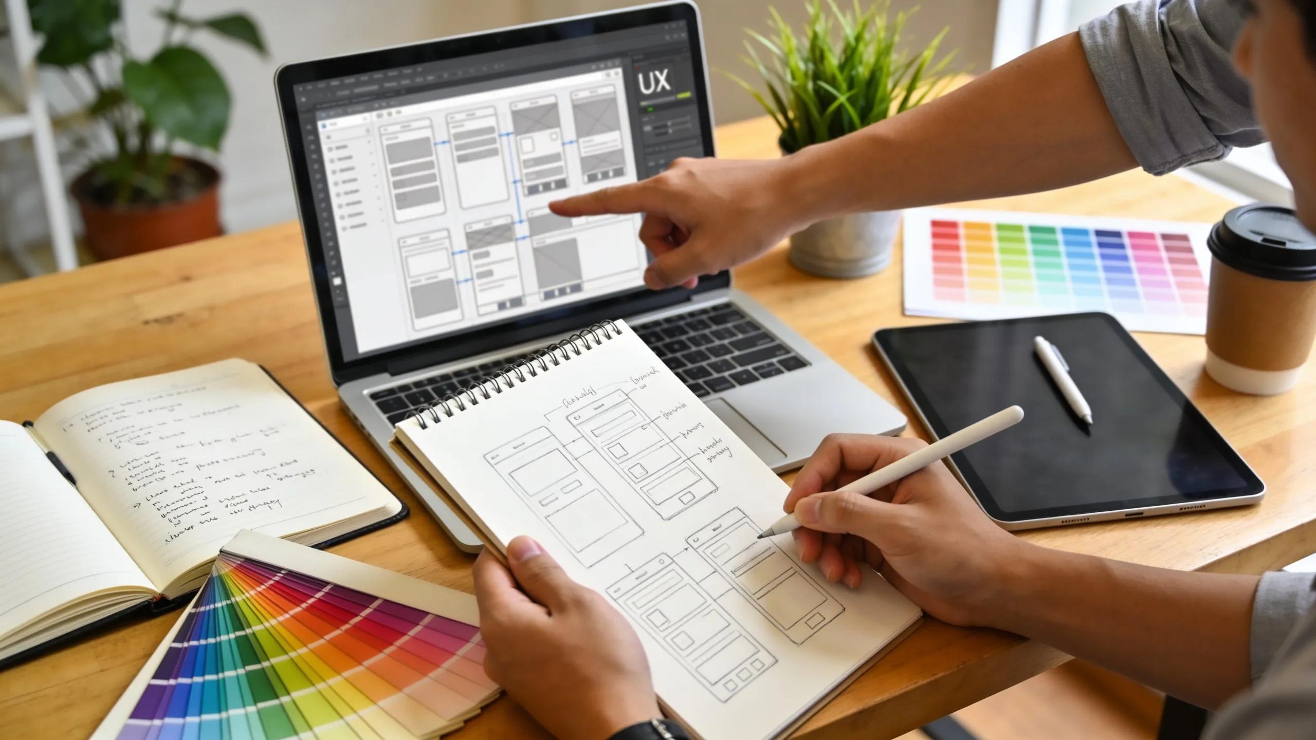Designer collaborating on UX/UI projects in a modern workspace