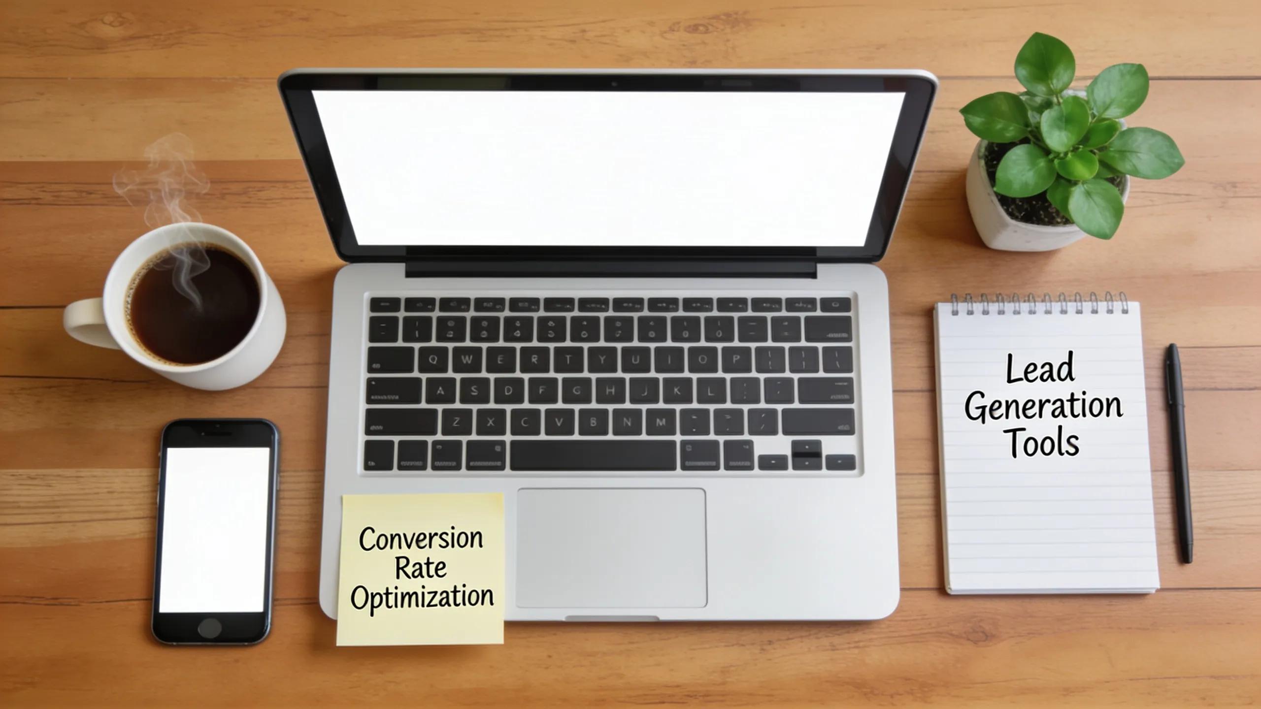 Flat lay of marketing tools for conversion rate optimization and lead generation on a wooden desk